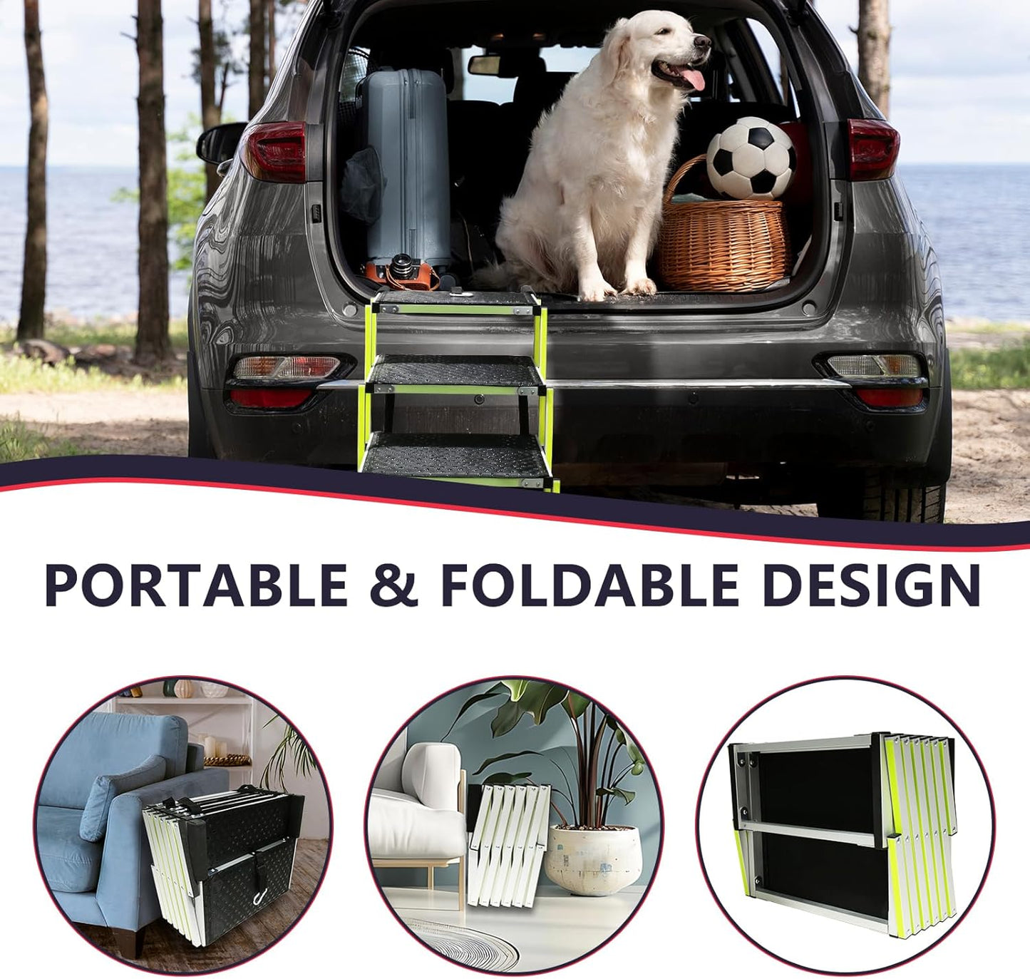 PENSUN Dog Stairs with Nonslip Surface Portable Folding Pet Ramp for Car, SUV and Trucks Foldable Truck Ramp Stairs for Small to Large Size Dogs Up to 250LBS