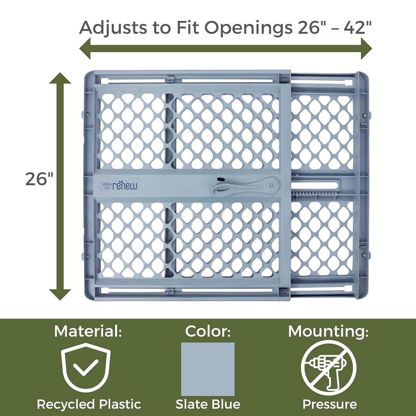 Toddleroo by North States - Renew 100% Recycled Plastic Baby Gate for Doorway; Sturdy for Indoor & Outdoor Use: Pressure Mounted, No Drill Gate; Made in USA; 26" to 42" Wide, 26" Tall; Pure White