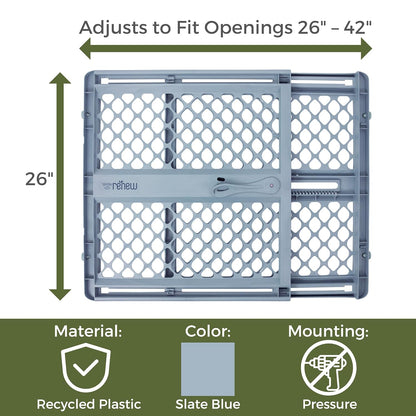 Toddleroo by North States - Renew 100% Recycled Plastic Baby Gate for Doorway; Sturdy for Indoor & Outdoor Use: Pressure Mounted, No Drill Gate; Made in USA; 26" to 42" Wide, 26" Tall; Pure White