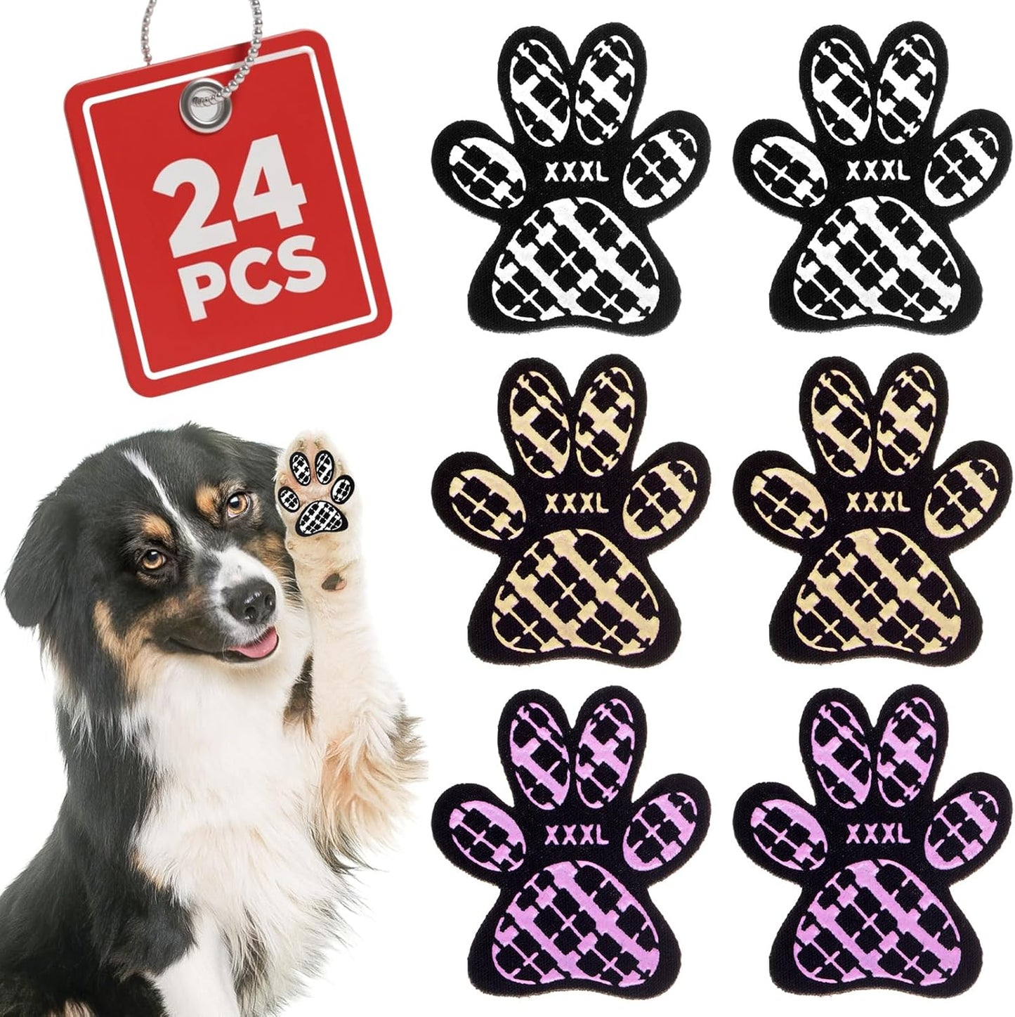 BEAUTYZOO Dog Paw Protector Anti-Slip, Paw Pads for Dogs Traction On Hardwood Floors, Paw Stickers Toe Grips for Hot/Cold Pavement for Senior Dogs, Shoes Boots Socks Replacement, 6 Sets (24 pcs) XXL