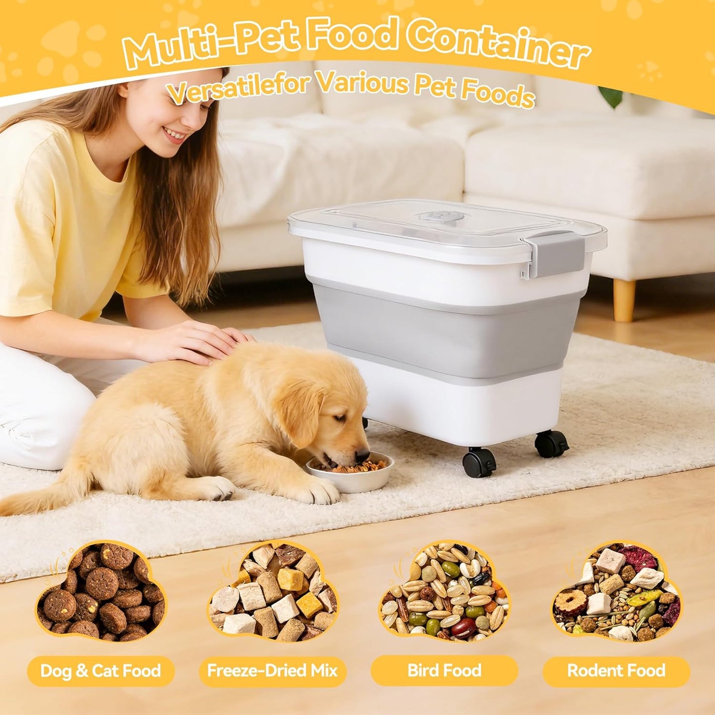 Dog Food Storage Container 30-40lbs, Airtight Pet Food Bin with Locking Lid & Clear Window, Collapsible Rolling Storage Container with Wheels & Scoop, Gray