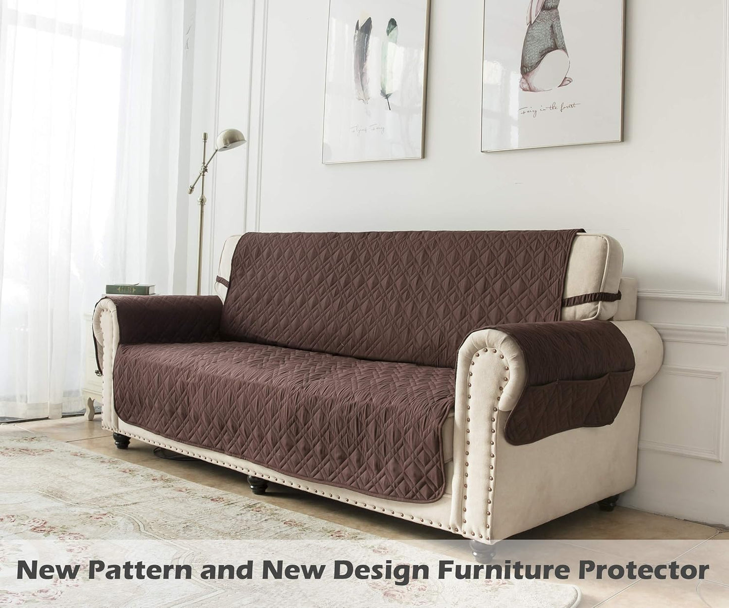 Ameritex Couch Sofa Slipcover 100% Waterproof Nonslip Quilted Furniture Protector for Dogs, Children, Pets, Machine Washable (Beige, 68")