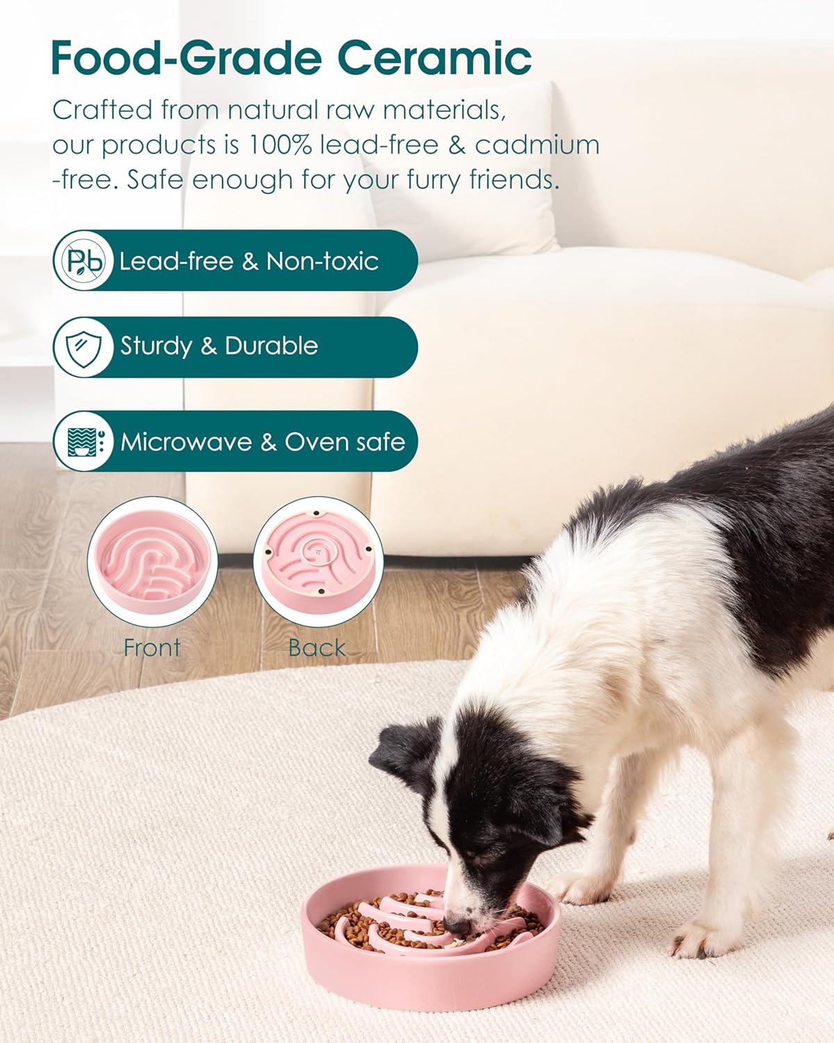 vancasso Slow Feeder Dog Bowl, 1.5 Cup Ceramic Slow Feeding Food Dish for Small and Medium Breed, Puzzle Dog Food Bowl for Fast Eater, Pink