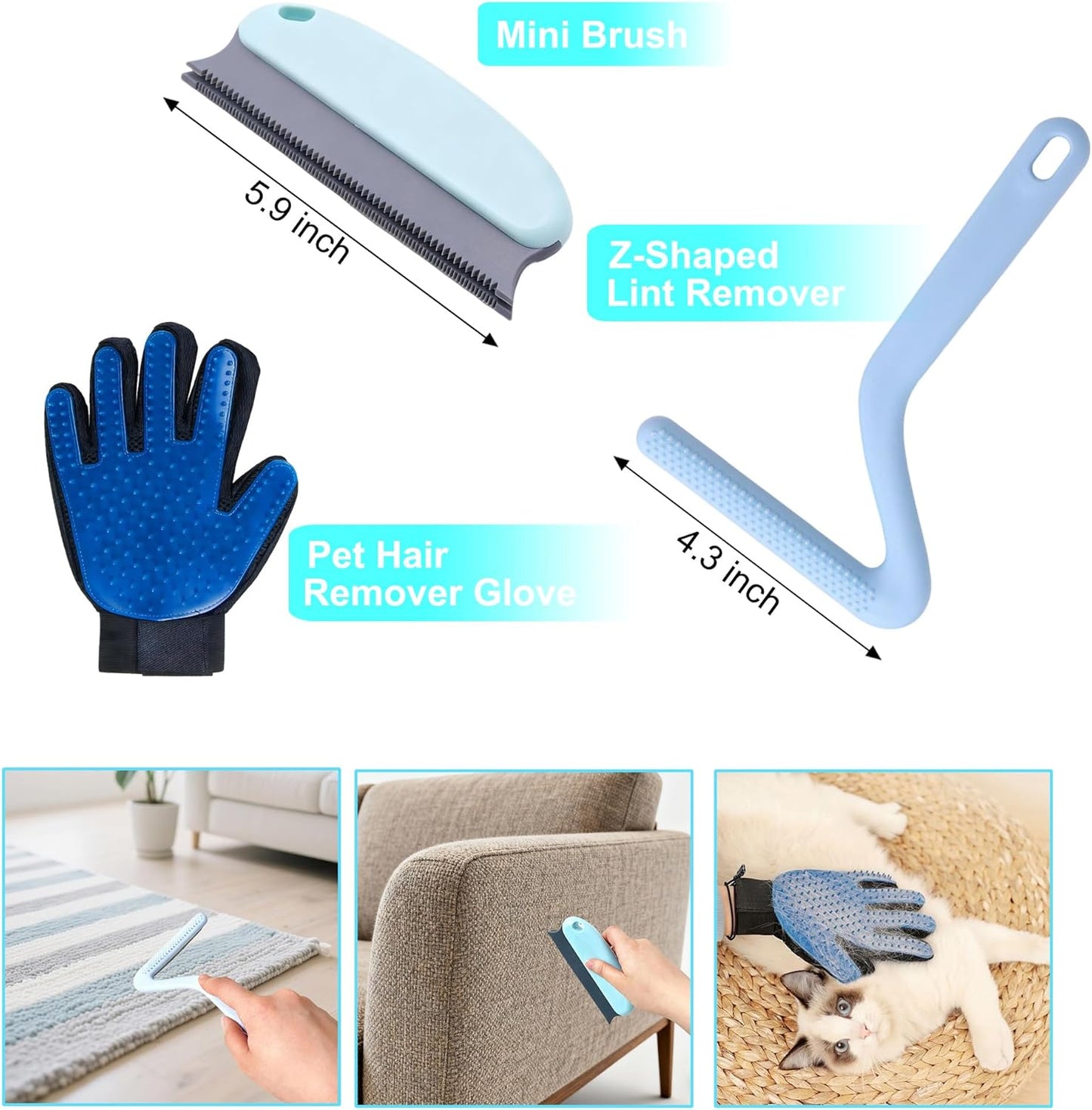 Carpet Rake for Pet Hair Removal Tool, 54" Long Handle Pet Hair Remover, 4 in 1 Carpet Broom Brush for Matted Rugs, Mats, Couch, Furniture and Car Interiors