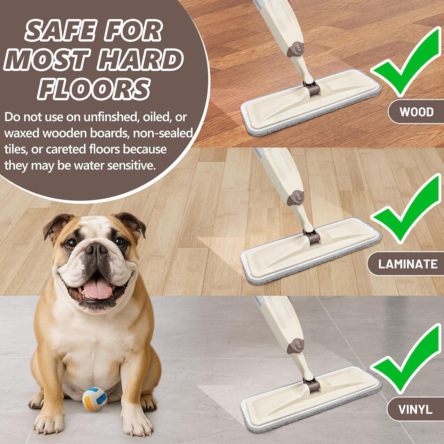 HOMTOYOU Spray Mops for Floor Cleaning: Wet Mop for Hardwood Tile Wood Laminate Vinyl - 3 Washable Microfiber Pads for Swiffer Powermop - Absorbs Pet Hair Dust