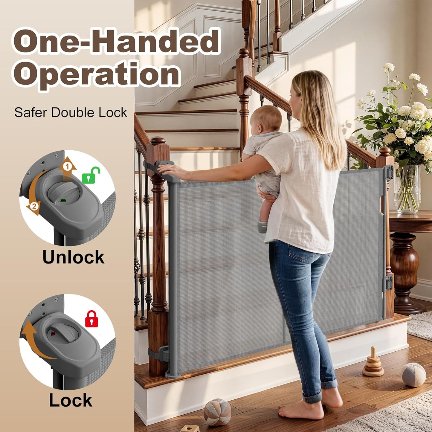 Upgraded Retractable Baby Gates for Stairs & Banister, Mesh Dog Gate Indoor, Extends to 55" Wide 33" Tall, Child Safety Gate for Stairway, Banister & Wall Mount (Gray)