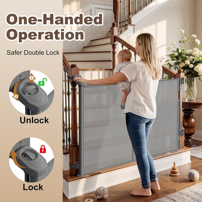 Upgraded Retractable Baby Gates for Stairs & Banister, Mesh Dog Gate Indoor, Extends to 55" Wide 33" Tall, Child Safety Gate for Stairway, Banister & Wall Mount (Gray)