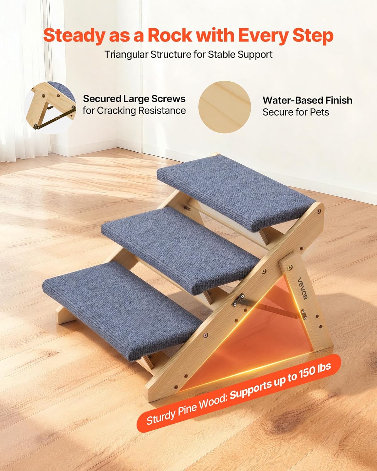 VEVOR Wood Pet Stairs, 2-Step Dog Stairs for Beds, Sofa & Cars, 110lbs Load Capacity, Floded Flat Design, Stable & Sturdy Cat & Dog Step Ladder for Small Medium Large Older Pet Puppy Essentials