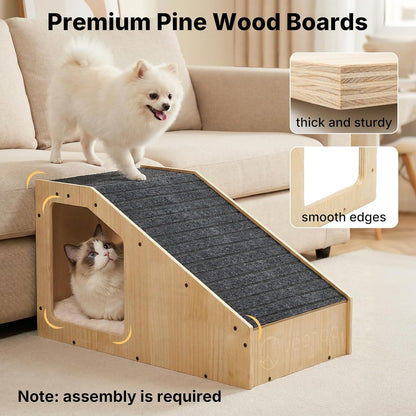 Veehoo Small Dog Ramp for Bed Couch, Pet Ramps for Dogs to Get on Bed Couch with Cat Cave Condo Non Slip Surface and Bottom Pad, 16" Wide Wooden Doggy Stairs Puppy Steps Small Ramp Ladder for Indoor
