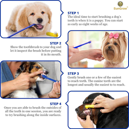 SunGrow Dog & Ferret Toothbrush Set of 4, 2 Long Dual-Headed and 2 Finger Brush, Blue and Yellow, Puppy, Cat, and Small Breed Dog, 9-Inches and 2.5-Inches