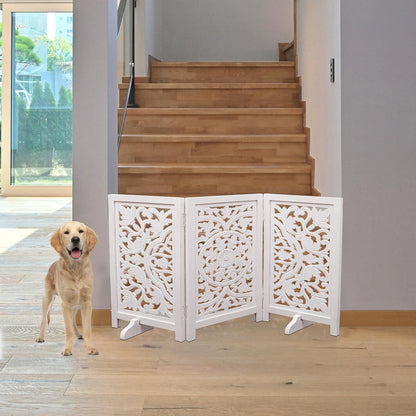Freestanding Pet Gate for Dogs, Foldable Wooden Dog Gate for House, Indoor Dog Gate for Stair, Doorway, House Design Gates for Dogs Indoor, 72 Inch Wide, (18" x4 Panels 72 inch), Burnt Finish