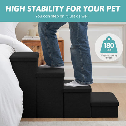 Dog Stairs with Storage, 4-Step Wider Sturdy Dog Steps for Small/Medium/Large Dogs and Older Cats, Folding Doggie Ramp for Bed/Couch/Car Hold Up to 180 lbs (22" H, Brown)