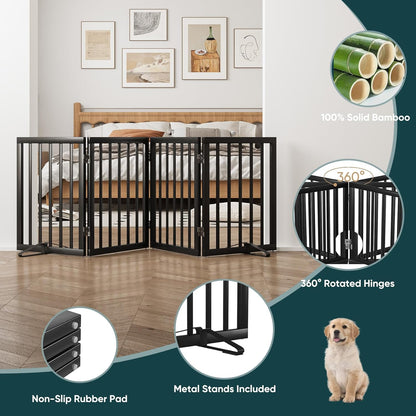 Freestanding Dog Gates Indoor, 3-Panel Pet Gates with 2 Metal Stands and 360° Hinge, 24" H Foldable Dog Gate for Stairs, Doorway, Kitchen, Expands Up to 55" Fully Assembled - Black Walnut