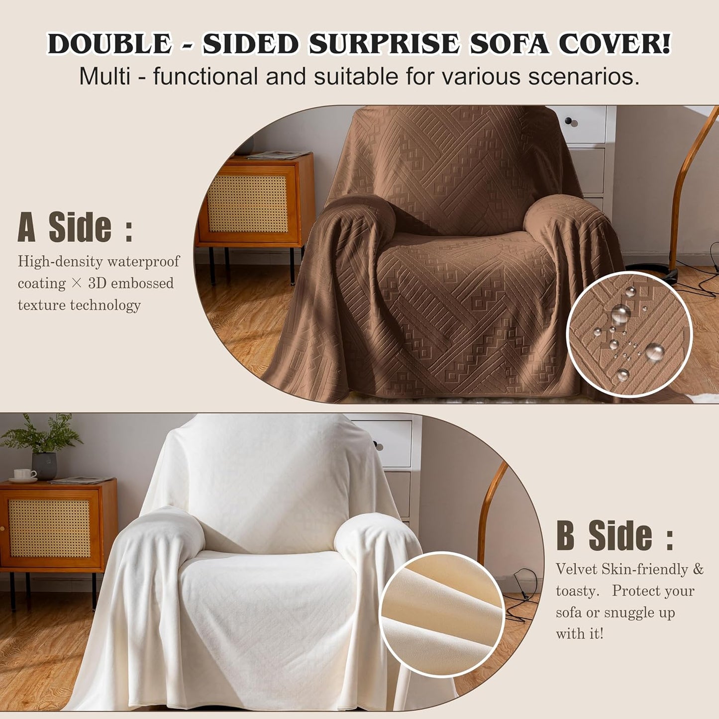 Waterproof Couch Cover, Reversible, Pet-Friendly, Washable and Anti-Slip Couch Covers for Sofa Protection with 3 Cushions, Sofa Slipcovers for Dogs and Cats (71×118in/Brown)