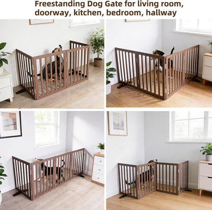 ZJSF Freestanding Indoor Dog Gate for House Foldable Wood Puppy Gate for Doorways Pet Gate for Stairs Extra Wide Pet Fence, Brown, 24" Height 3 Panels