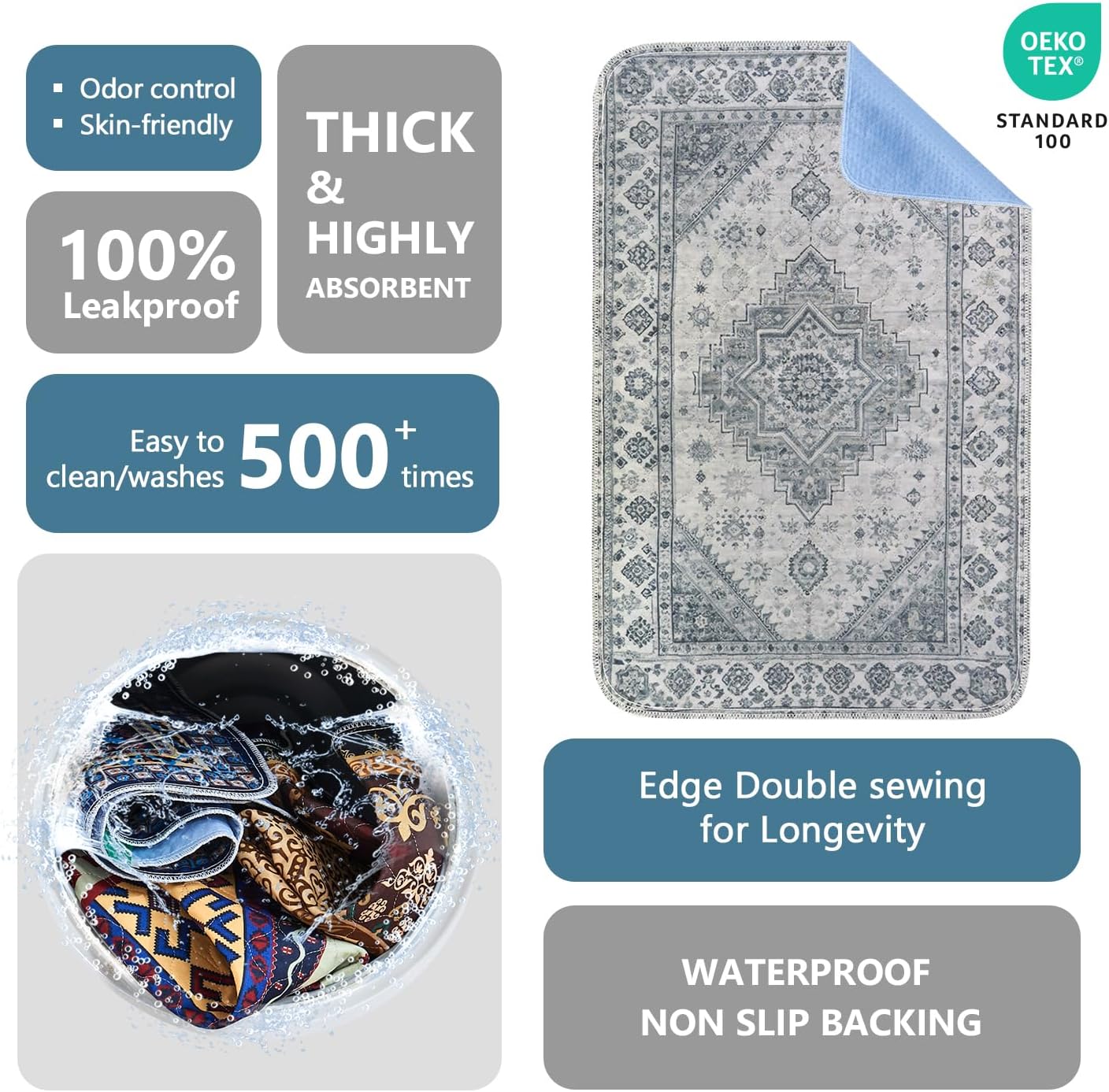 Qeils Washable Pee Pads, Reusable Puppy Pads Super Absorbent Leakproof Dog Training Pads, Non-Slip Wee Wee Pads for Crate, Floor, Potty Pads Feeding Mat Dog Pee 2 Pack 18"x30"