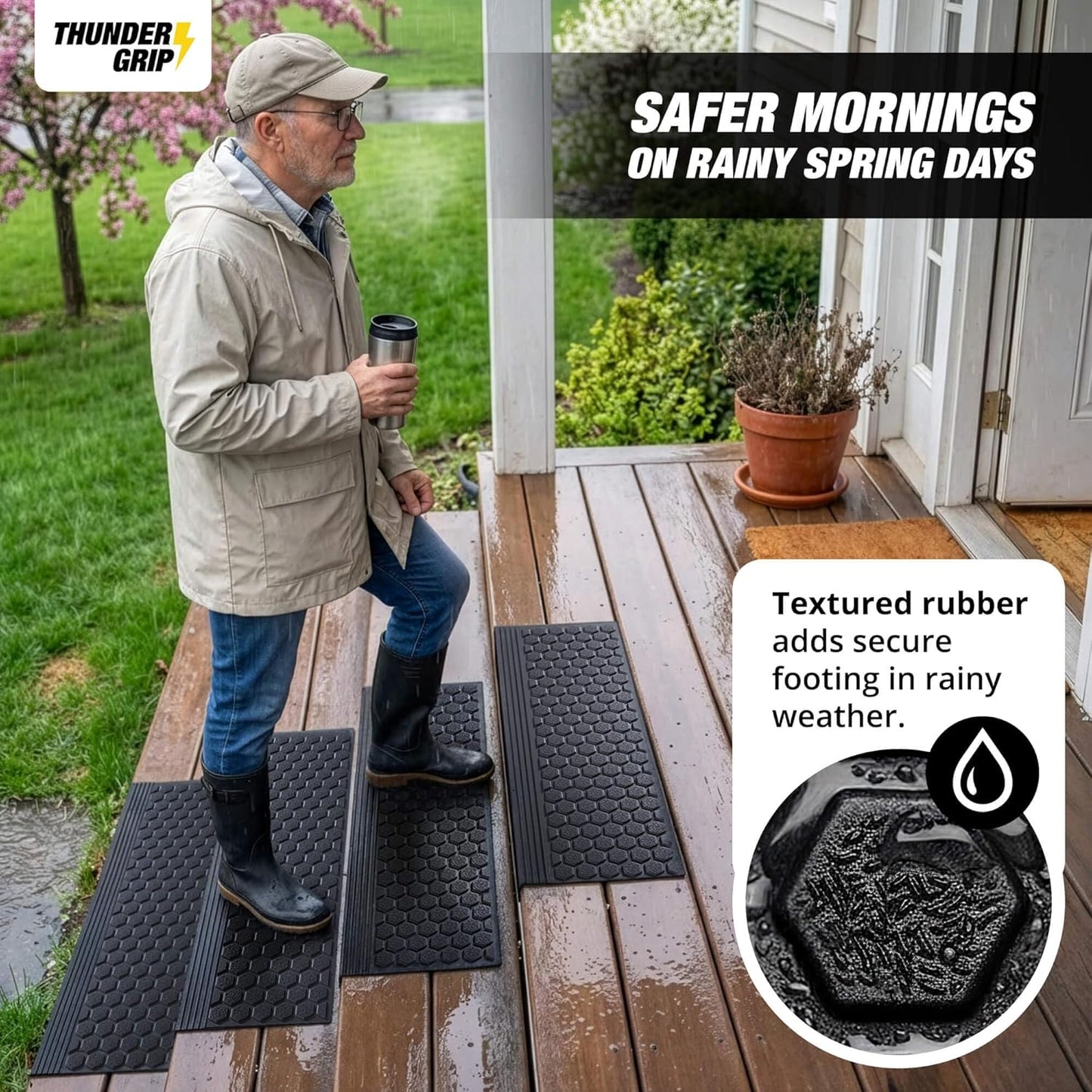 Rubber Stair Treads Outdoor 48"x10" 4-Pack - Heavy-Duty Outdoor Stair Treads Non-Slip Weather Resistant - Exterior Rubber Mats for Wooden Steps - Anti Slip Step Covers by Thunder Grip
