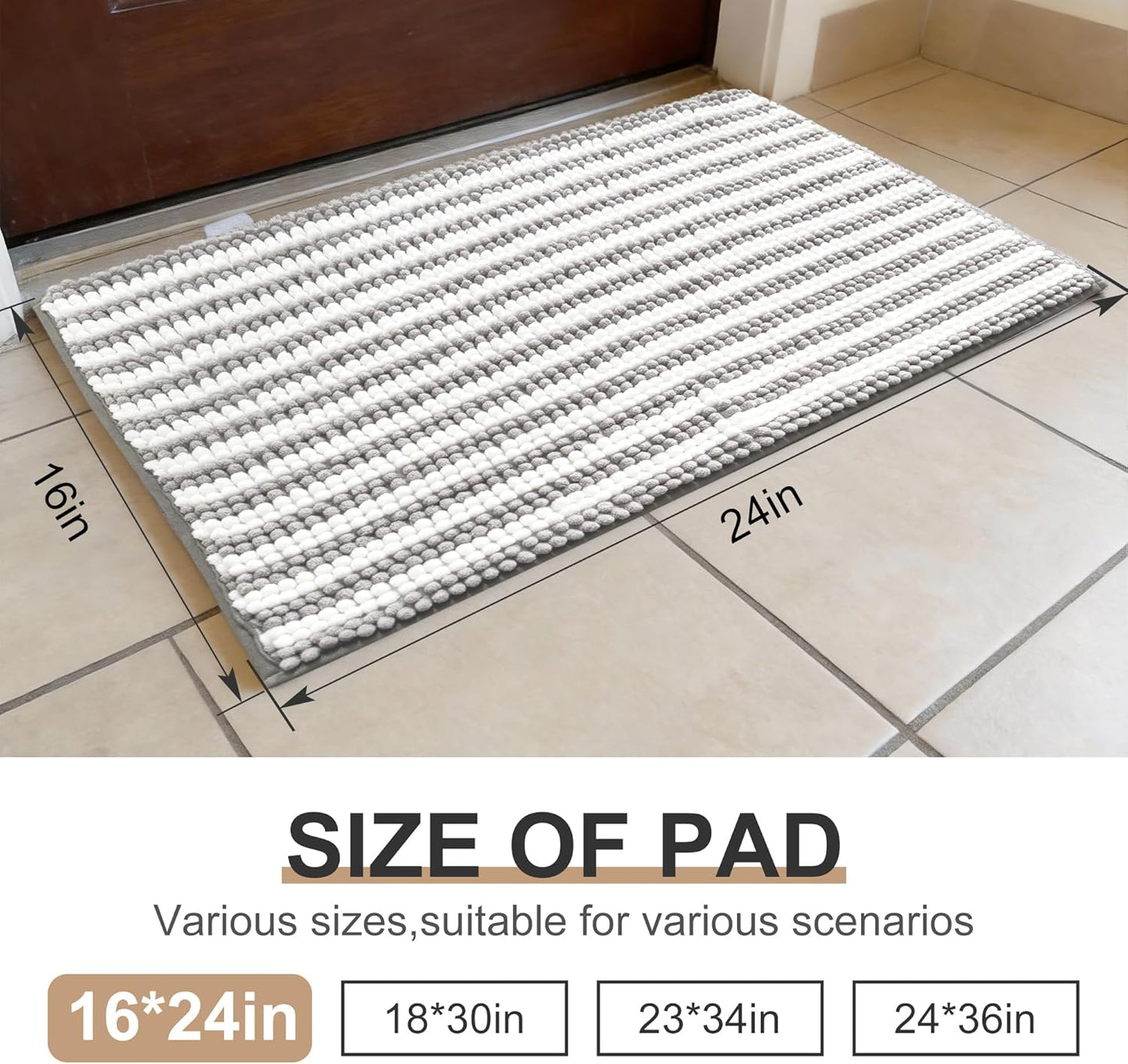 pobopobo Dog Door Mat for Muddy Paws - Absorbent & Washable Chenille Rug, Non-Slip Dirt Trapper for Indoor Outdoor Entryway, Quick Dry Pet Mat for Muddy Dogs (Striped Gray-Blue&White, 24" x 16")