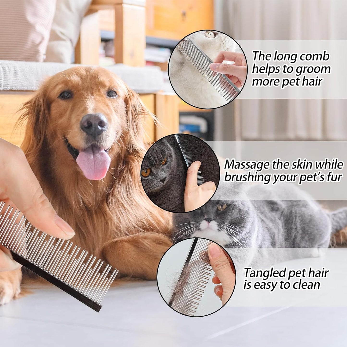Professional Pet Stainless Steel Comb Long&Short Tooth Dog Dematting Com Flea Comb Pet Grooming Tool for Dogs and Cats Remove Loose Hair Mats Knots Tangles Dirt Fleas 6.1in/15.5cm