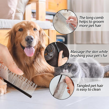 Professional Pet Stainless Steel Comb Long&Short Tooth Dog Dematting Com Flea Comb Pet Grooming Tool for Dogs and Cats Remove Loose Hair Mats Knots Tangles Dirt Fleas 6.1in/15.5cm