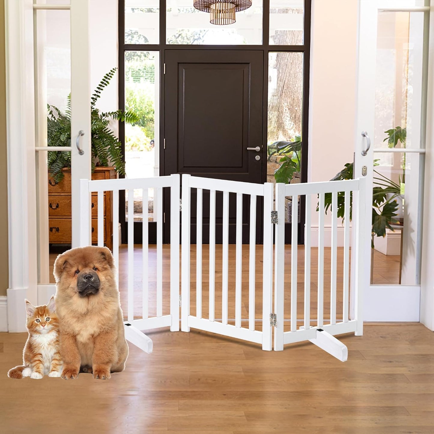 LZRS 2-Panel Wooden Free Standing Foldable Dog Gate Indoor – Solid Hardwood 24" High, Step-Over Safety Pet Gate for Doorways, Stairs & Small Spaces - Indoor Use, White
