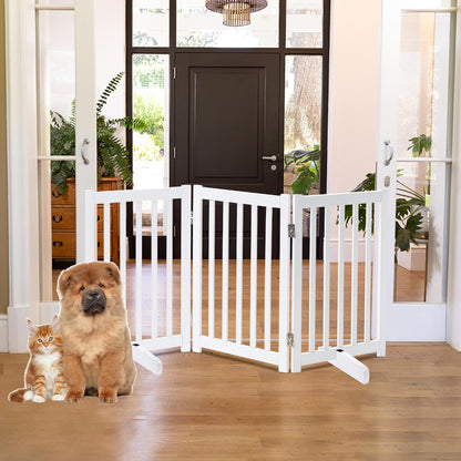LZRS 2-Panel Wooden Free Standing Foldable Dog Gate Indoor – Solid Hardwood 24" High, Step-Over Safety Pet Gate for Doorways, Stairs & Small Spaces - Indoor Use, White