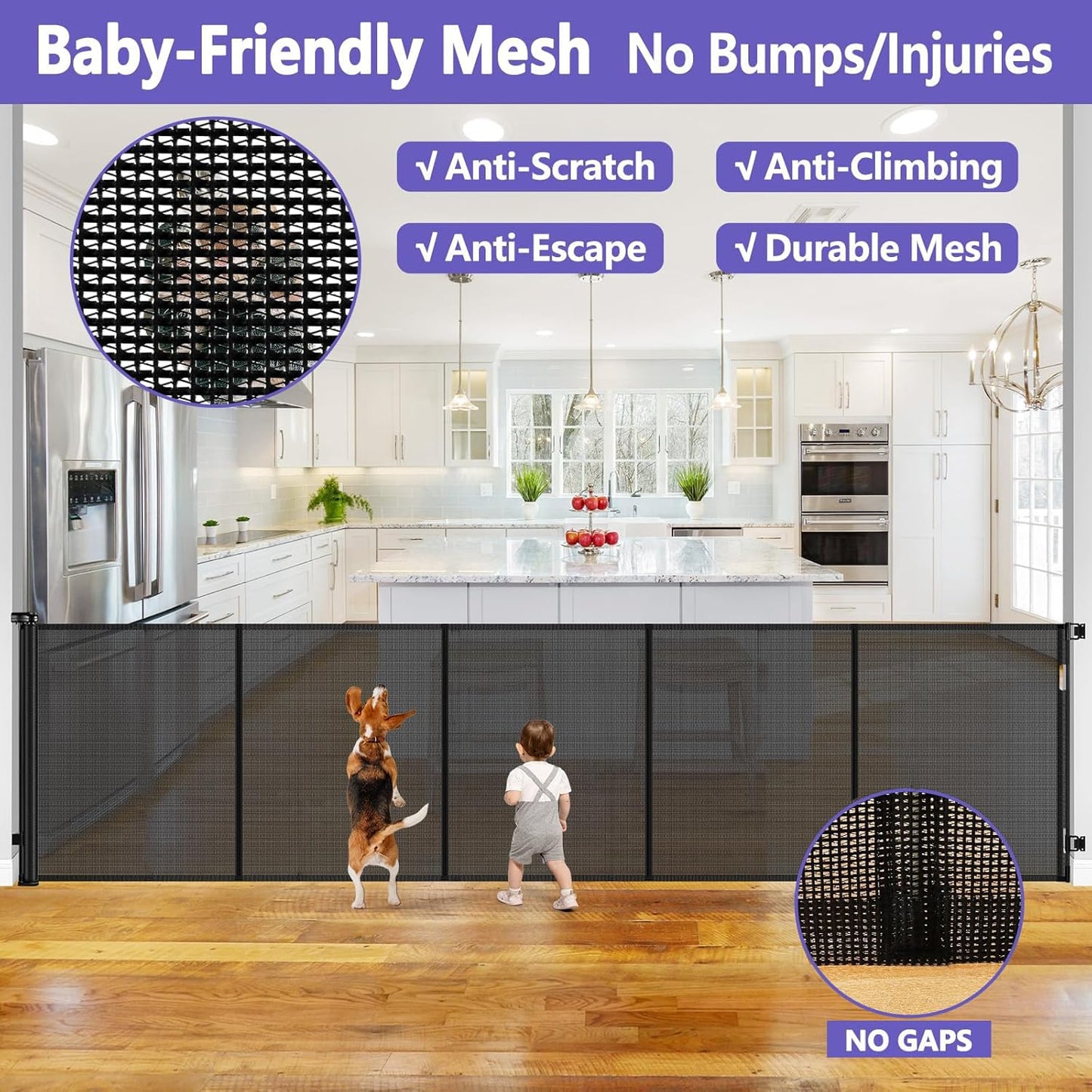 Reinforced 42" Tall Retractable Dog Gate, 155" Extra Long Retractable Baby Gate with Support Rods - Prevent Crawling Under, Indoor/Outdoor Retractable Gate Extra Tall Baby Gate Retractable Fence/Black