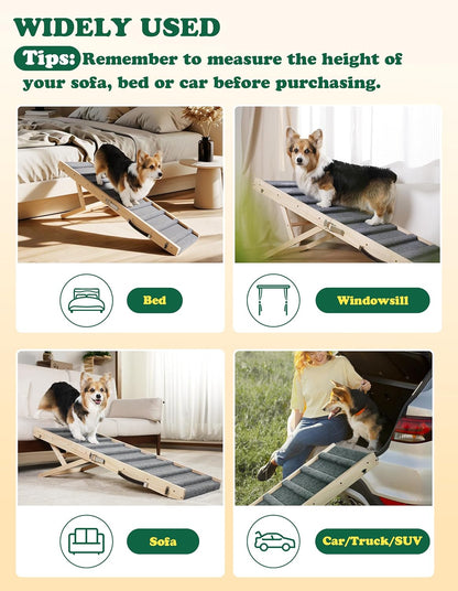 Dog Ramp Dog Stairs for Small Dogs Foldable Dog Ramp with 4 Adjustable Heights from 7.48'' to 15.35" Wood Stairs with Non Slip Carpet Portable Pet Ramp for Couch, Sofa, Low Bed (Natural Wood)