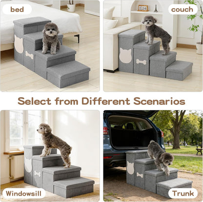 Wider Dog Steps for Bed 17" H, Foldable Dog Stairs with Storage, Non-Slip Pet Steps for Small Medium Large Dogs, Arthritis-Friendly Pet Stairs for Couch and Car Up to 200 lbs, Grey, 3 Steps