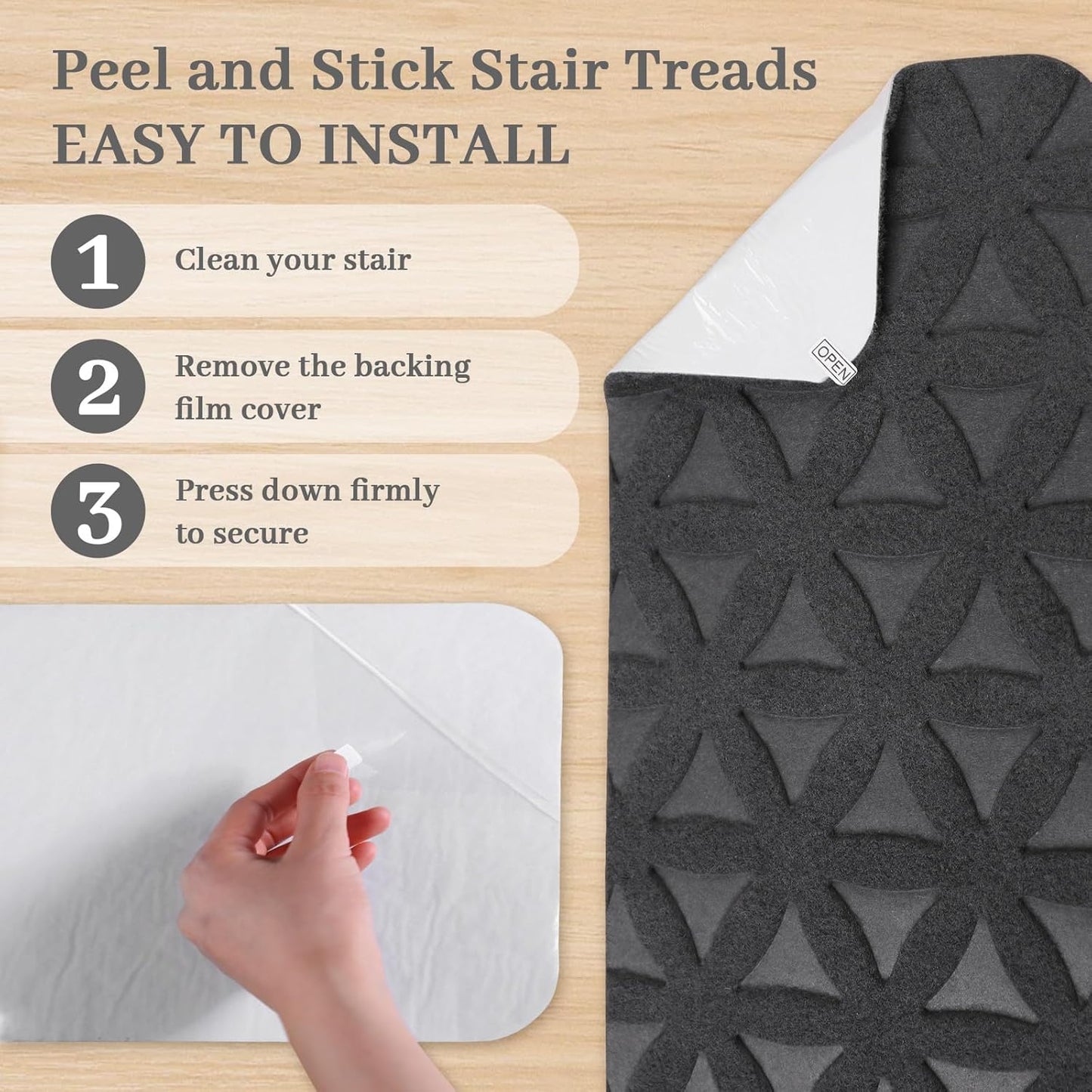 RIOLAND Stair Treads Carpet Non-Slip Indoor Stair Runners for Wooden Steps, Stair Rugs for Kids and Dogs, Set of 15, 8" X 30", Gray