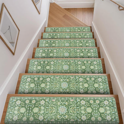 OJIA Floral Stair Treads Non-Slip Stair Runner for Wooden Steps Indoor 15PCS 30"x8" Carpet Stair Treads Stair Mats Staircase Step Treads for Kids, Elders and Dogs, Stair Covers, Black