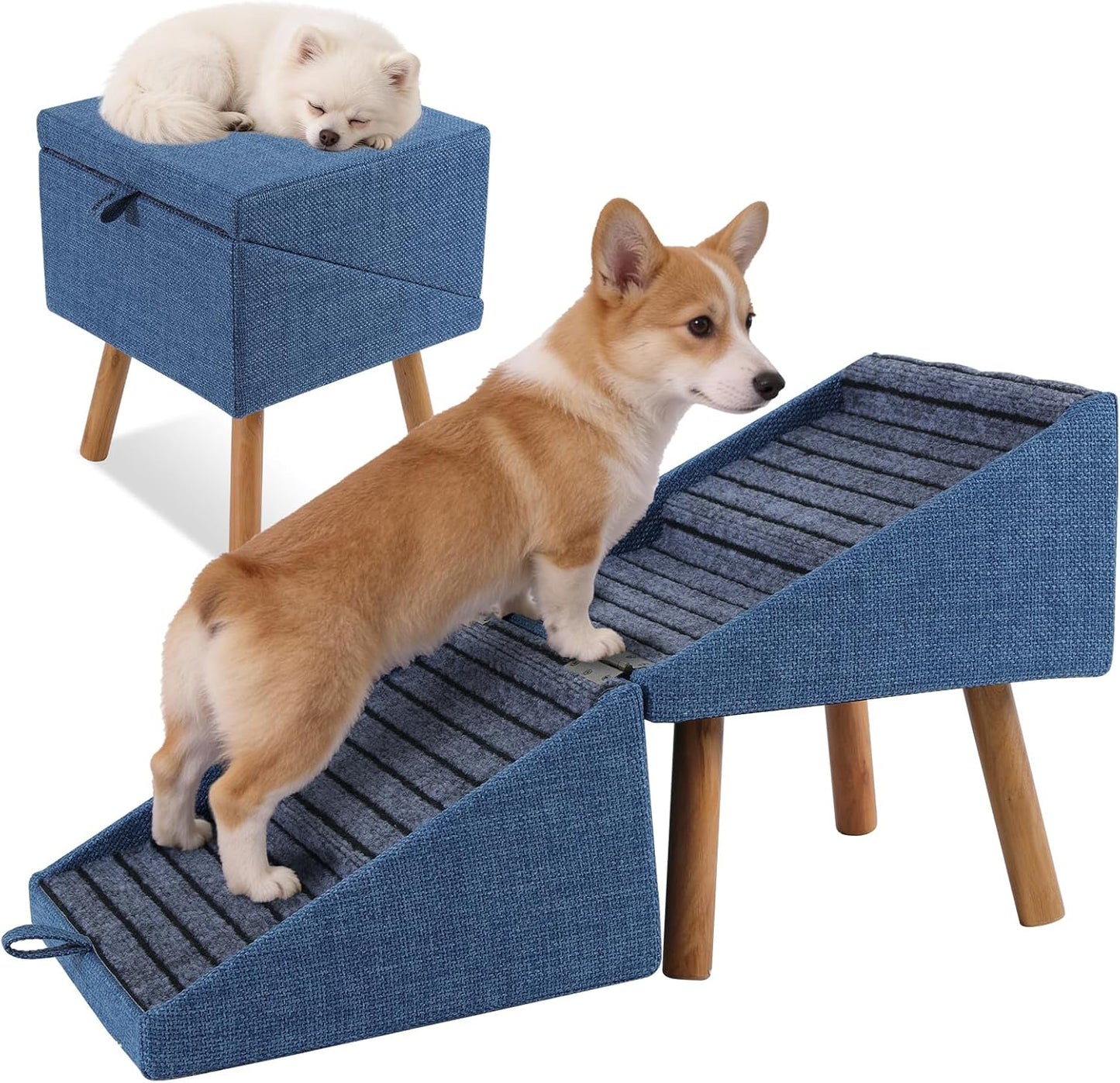 17.13" H Dog Stairs for Small Dogs, 2-in-1 Pet Steps & Ottoman - Foldable Dog Stairs for Couch, Non-Slip Wooden Pet Stairs for Puppy Senior Injured Dogs
