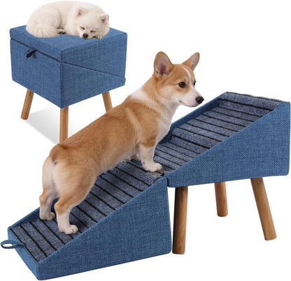 17.13" H Dog Stairs for Small Dogs, 2-in-1 Pet Steps & Ottoman - Foldable Dog Stairs for Couch, Non-Slip Wooden Pet Stairs for Puppy Senior Injured Dogs