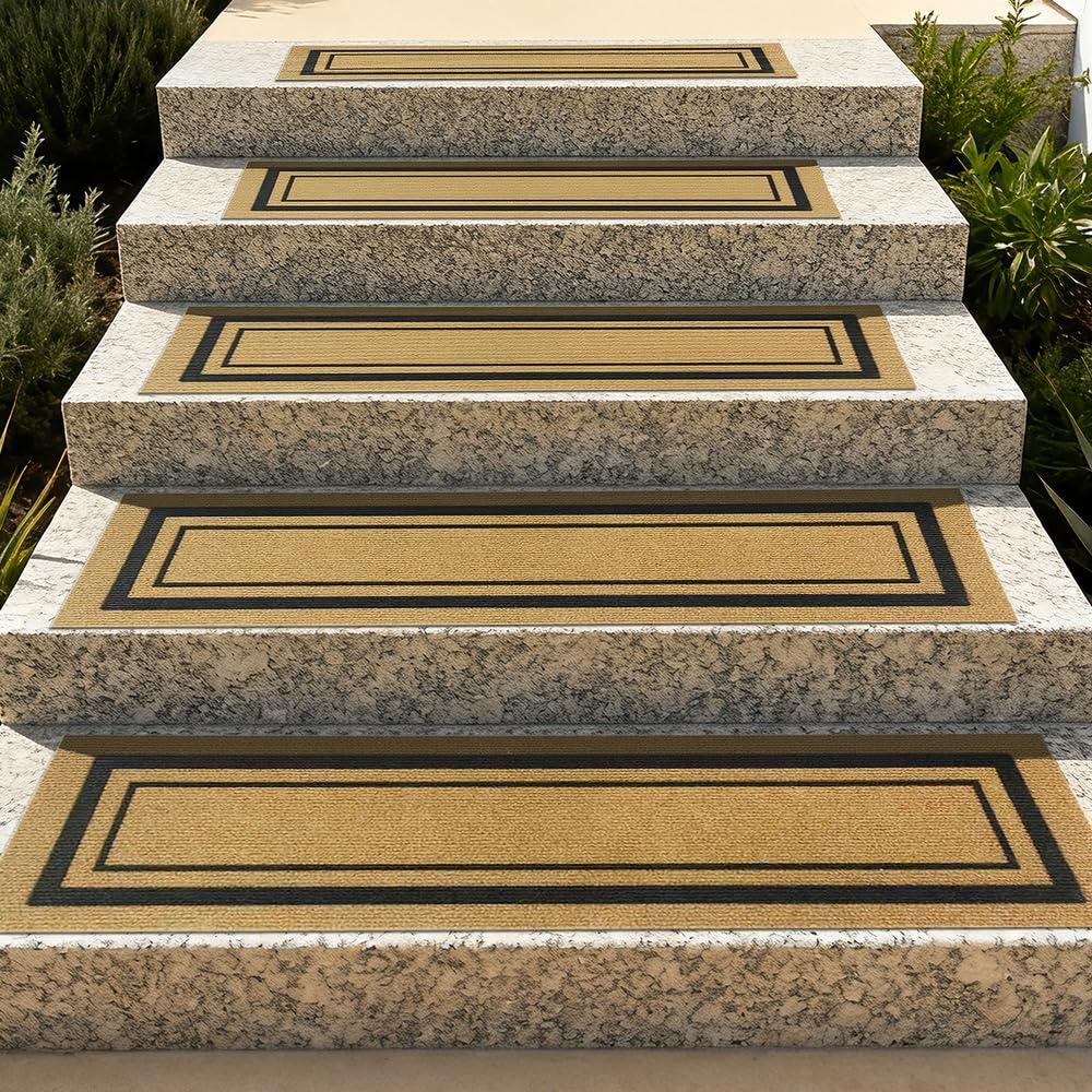 Outdoor Stair Treads for Wooden Steps, Non-Slip Rubber Brown Stair Runner Rugs, 6 Pcs 8.5" x 30" Heavy Duty Stair Mats for Outside Steps, Weatherproof Grip for Elders, Dogs & Kids, Black Border.