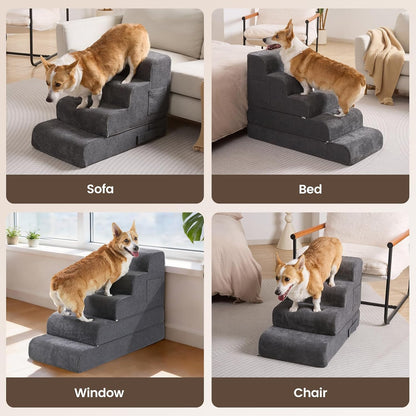 Dog Stairs for Small Dogs, 4-Step Dog Steps for Bed & Couch, High-Density Foam Pet Stairs, Non-Slip Indoor Pet Ramp, Washable Cover, Fits Beds up to 18.1", Grey