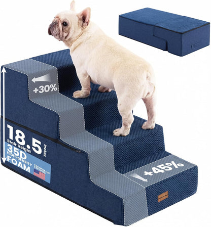 Gardner Pet Dog Stairs for Small Dogs 18.5" H, 4-Step Extra Wide Dog Steps for Bed, Pet Stairs for Bed and Couch with Durable Non-Slip Waterproof Fabric Cover and Soft Foam, Navy