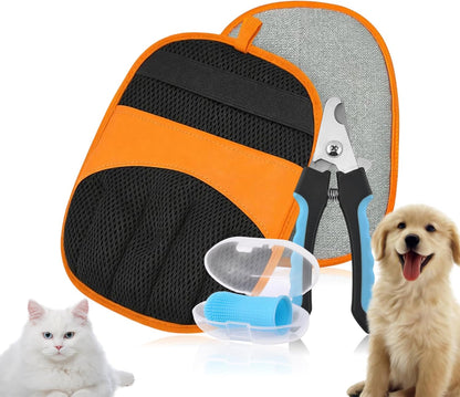 Premium 3-in-1 Pet Grooming Kit - Electrostatic Pet Hair Removal Glove with Safety Nail Scissors & Dual-Ended Toothbrush Set - Gentle Deshedding Mitt for Dogs, Cats & Furniture - All-in-One Care Pack
