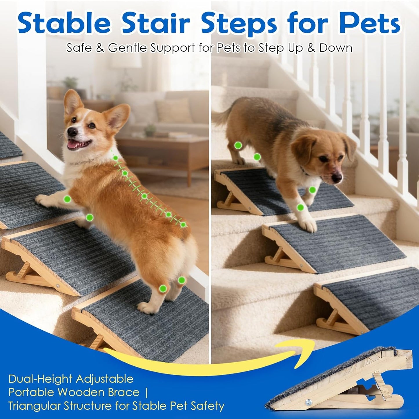 Dog Ramp for Stairs 2 Pack - Adjustable Solid Wood Foldable Indoor Pet Ramp for Senior & Injured Dogs, 2 Heights (4.2"/5.1"), Triangular Support & Non-Slip Carpet for Patio/Home, No Assembly (15.7"L)