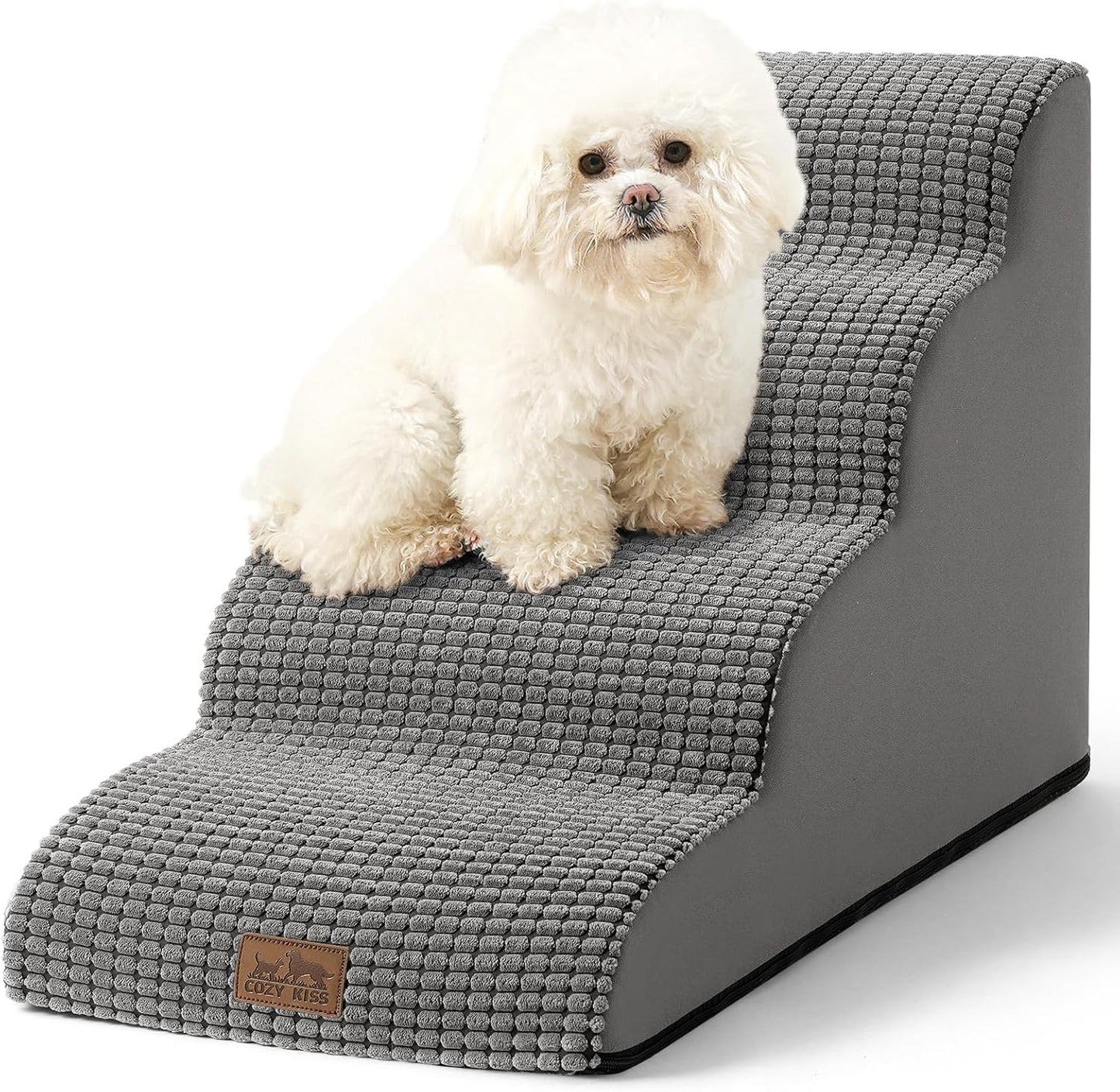 COZY KISS Dog Stairs for Small Dogs 15.7" H, Curved Dog Step for Puppy, Older Cat, Medium Pet Ramp for Sofa, Couch or Chair, Ladder with High Density Foam, 3 Step, 15.7x22.4x15.7 inch, Beige