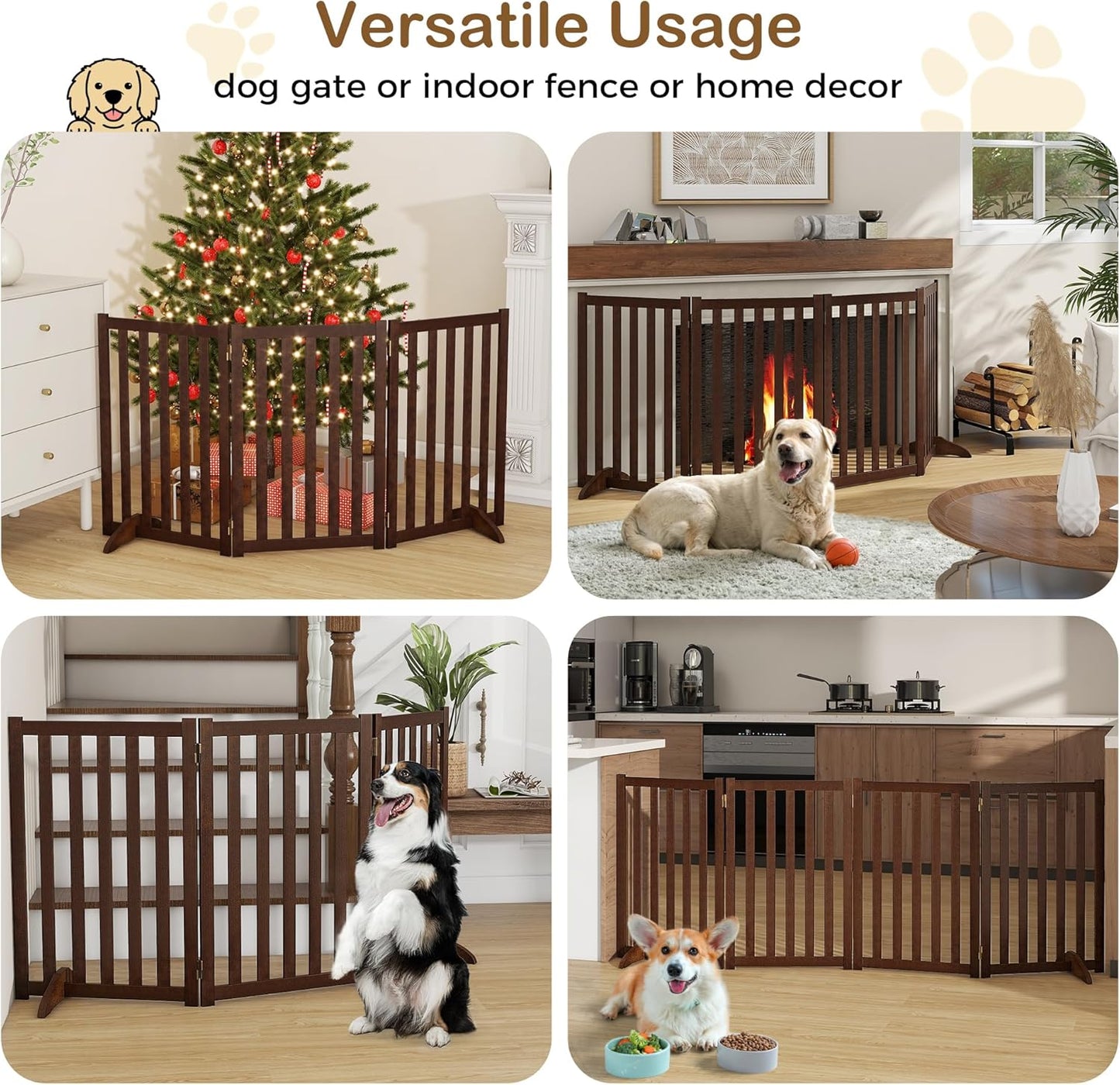 36" Height Extra Tall Freestanding Pet Gate, Solid Wood Folding Safety Fence Wooden Dog Gate with 2 PCs Support Feet Ideal for Stairs, Doorways, Halls, Kitchens, Heavy Duty Gates, 3 Panels, Oak