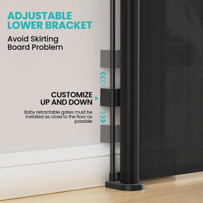 Upgrade Retractable Baby Gates Extra Wide (150" W x 42" H), 150 inch Reinforced Retractable Dog Gate to Prevent Crawling Through, Retractable Gate Outdoor/Indoor, Real One-Handed Operation, Black