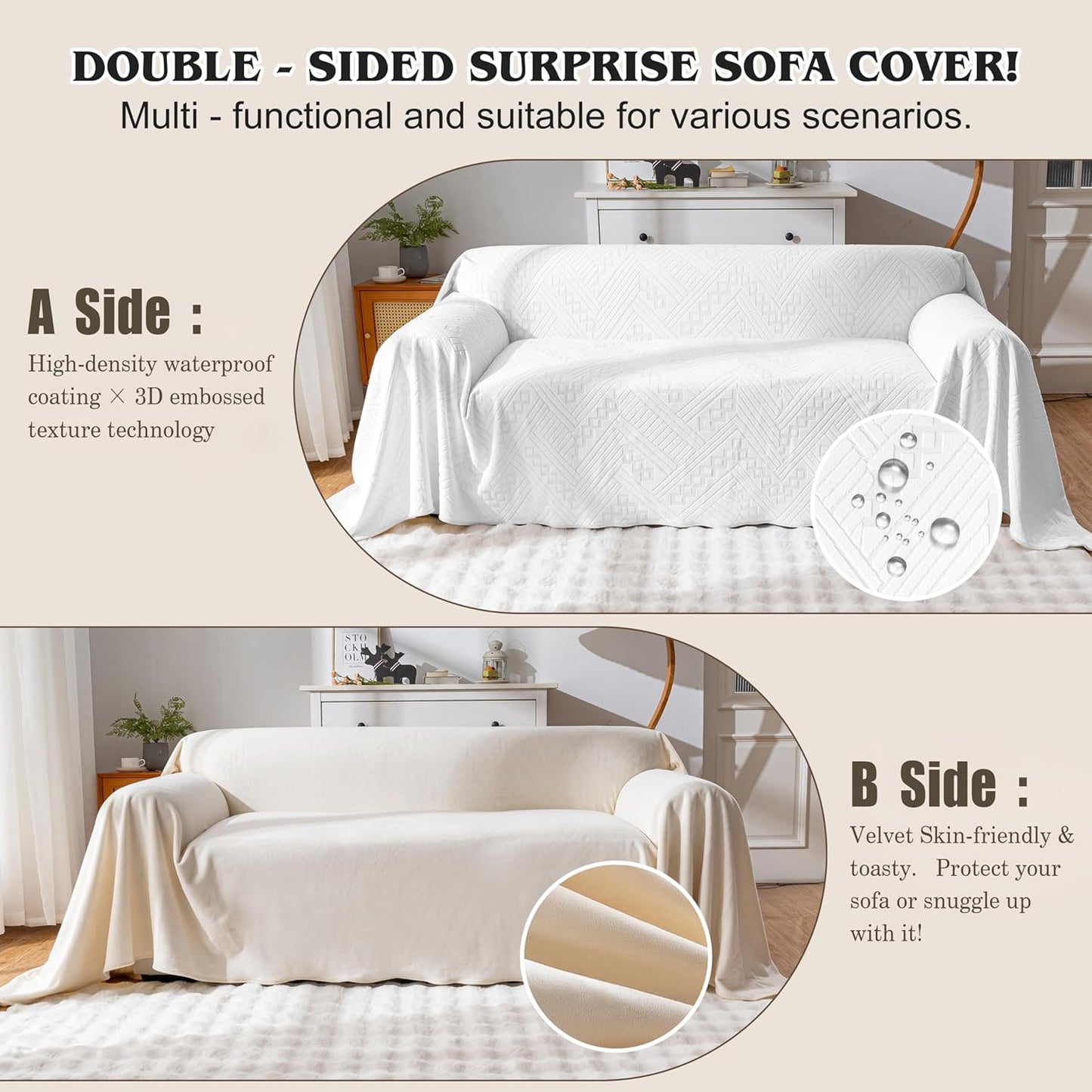 Waterproof Couch Cover, Reversible, Pet-Friendly, Washable and Anti-Slip Couch Covers for Sofa Protection with 3 Cushions, Sofa Slipcovers for Dogs and Cats (71×118in/Brown)