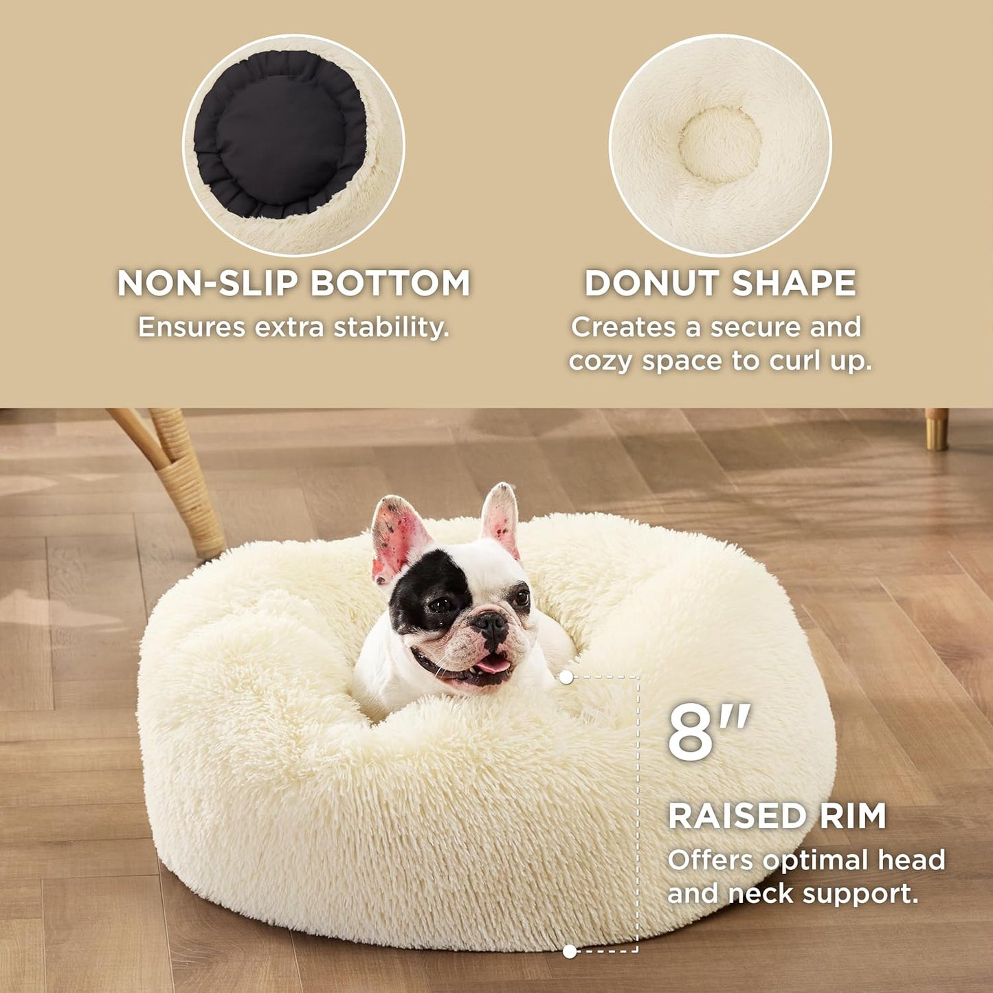 Bedsure Calming Dog Bed Medium Size Dog - Donut Washable Medium Pet Bed, 30 inches Anti-Slip Round Fluffy Plush Faux Fur Cat Bed, Fits up to 45 lbs Pets, Camel