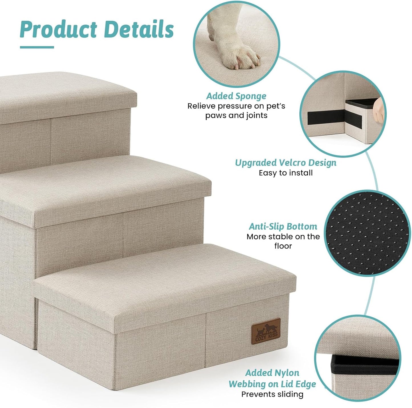 Dog Stairs with Storage, 4-Step Wider Sturdy Dog Steps for Small/Medium/Large Dogs and Older Cats, Folding Doggie Ramp for Bed/Couch/Car Hold Up to 180 lbs (22" H, Brown)