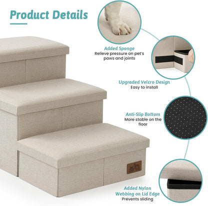 Dog Stairs with Storage, 4-Step Wider Sturdy Dog Steps for Small/Medium/Large Dogs and Older Cats, Folding Doggie Ramp for Bed/Couch/Car Hold Up to 180 lbs (22" H, Brown)