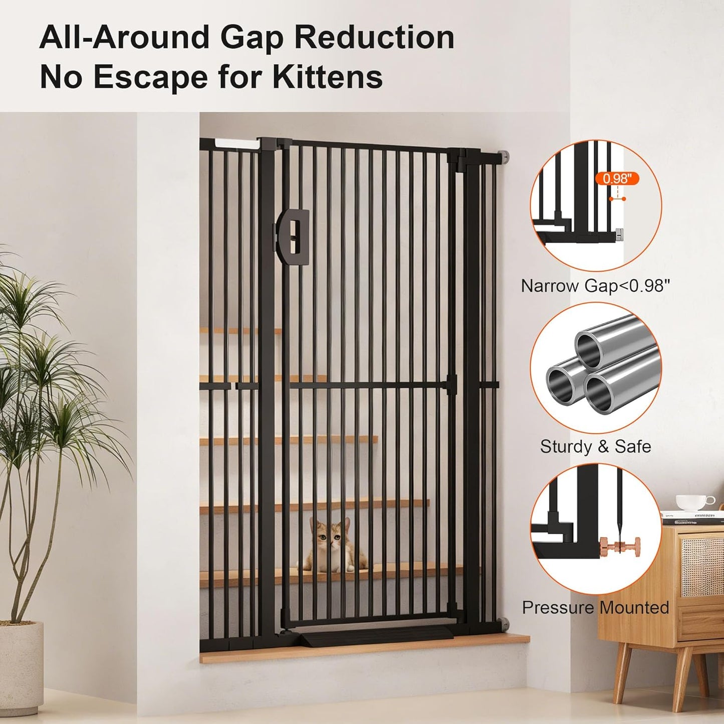 Jekriuet 57" Extra Tall Pet Gate, Auto Close Dog Door Pressure Mounted No Drilling for Doorways, Hallways, Stairs, Expandable 27.5"-38.5" Wide, Narrow 1.18" Spacing for Small Dogs & Puppies, Black