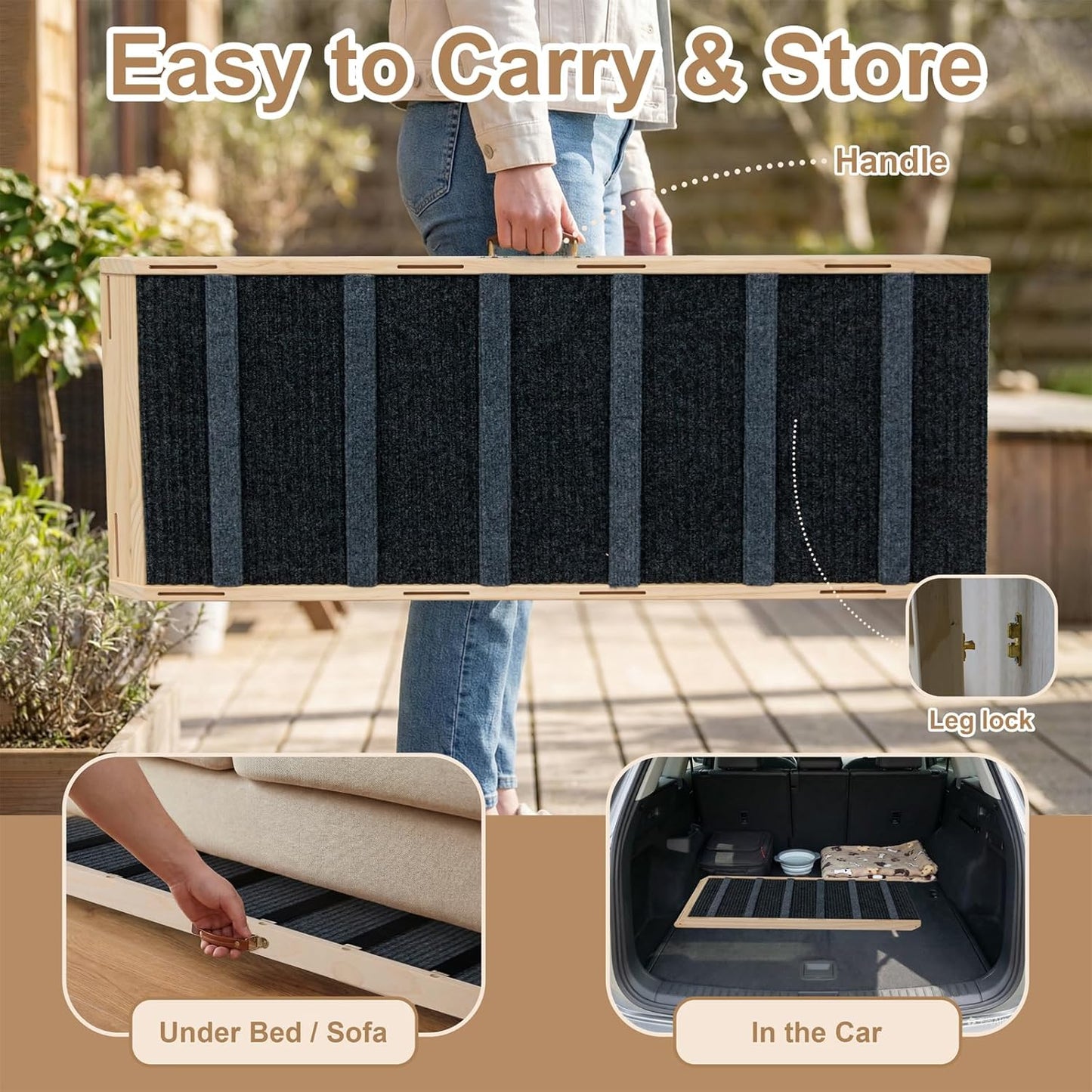 Dog Ramp for Bed, 43.5" Long Wooden Foldable Dog Ramp, 6 Adjustable Heights from 14" to 26" with Anti-Slip Traction Mat, Portable Pet Ramp for Car, Bed, Couch, Max 200lbs - 43.5inch