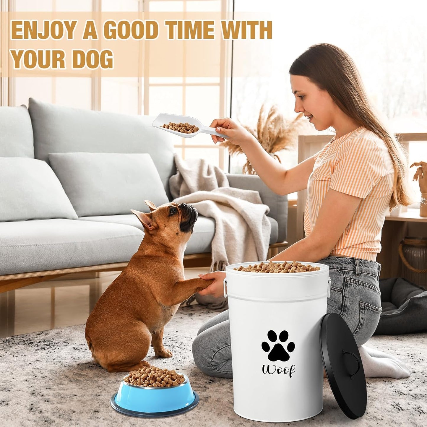 DoubleFill Extra Large 23+10 lbs Metal Dog Food Storage Containers Set of 2 Airtight Dog Treat Snack Jars with Lids and Spoon Farm House Style Big Pet Cookie Jar for Kitchen Counter Gift