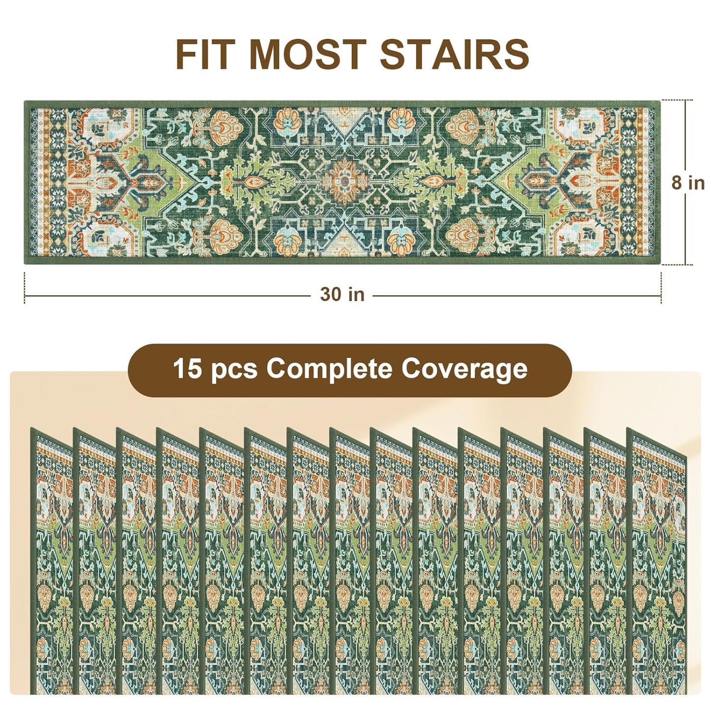 Non Slip Stair Treads for Wooden Steps Indoor, Dark Grey, 15pcs, 30"X8", Soft Carpet Mat, Machine Washable Boho Carpet Treads with Reusable Adhesive Backing, Safety Stair Tread for Dogs, Kids, Elders