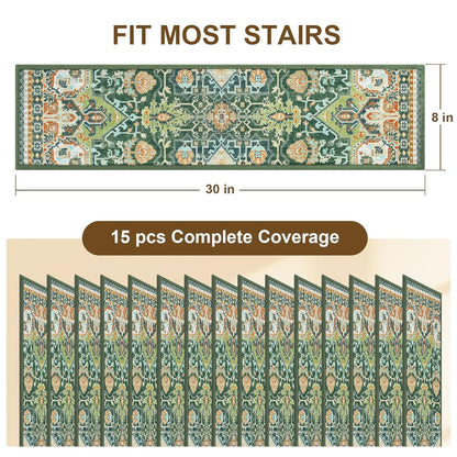 Non Slip Stair Treads for Wooden Steps Indoor, Dark Grey, 15pcs, 30"X8", Soft Carpet Mat, Machine Washable Boho Carpet Treads with Reusable Adhesive Backing, Safety Stair Tread for Dogs, Kids, Elders